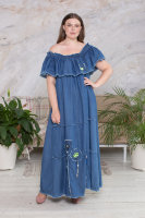 Платье CNG 1604BL Платье выполнено из тонкой джинсовой ткани. Отделка - аппликация с буквенным принтом, необработанные края.