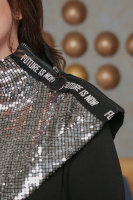 Комплект (платье и ассимметричное болеро) DRK P5486GY Болеро выполнено из ткани с блёстками, манжет на рукаве болеро - из трикотажной резинки, отделка - лента с буквенным принтом, металл.