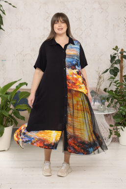 Платье-рубашка DP 2977BK Штапель, отделочная ткань - сетка (фатин).